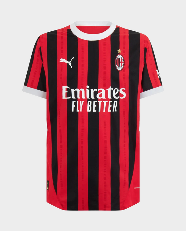 AC Milan 2024 jersey featuring bold red and black stripes with Emirates logo on the front