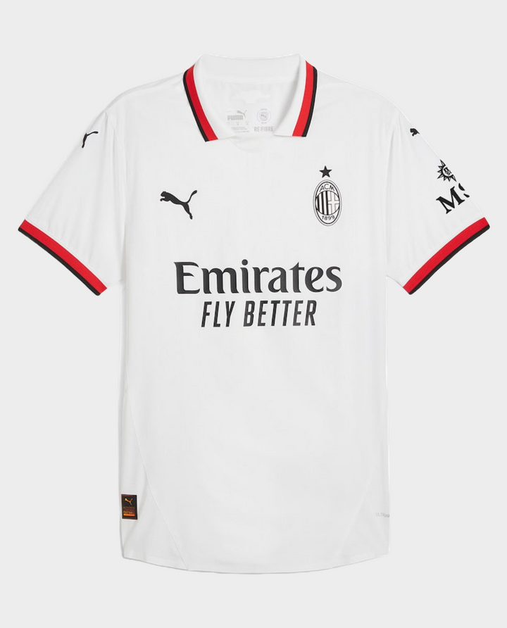 AC Milan away jersey 2024-25 in white with black and red accents, featuring the Emirates logo