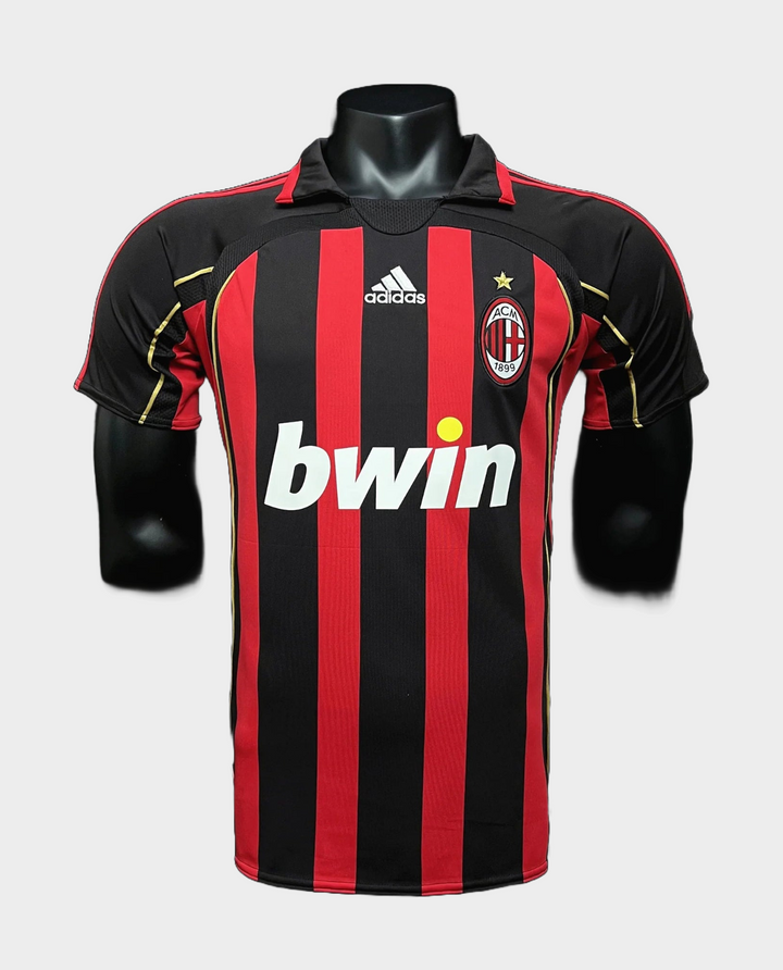 Retro AC Milan Jersey 2006-07 with black and red stripes and sponsor logo for football fans