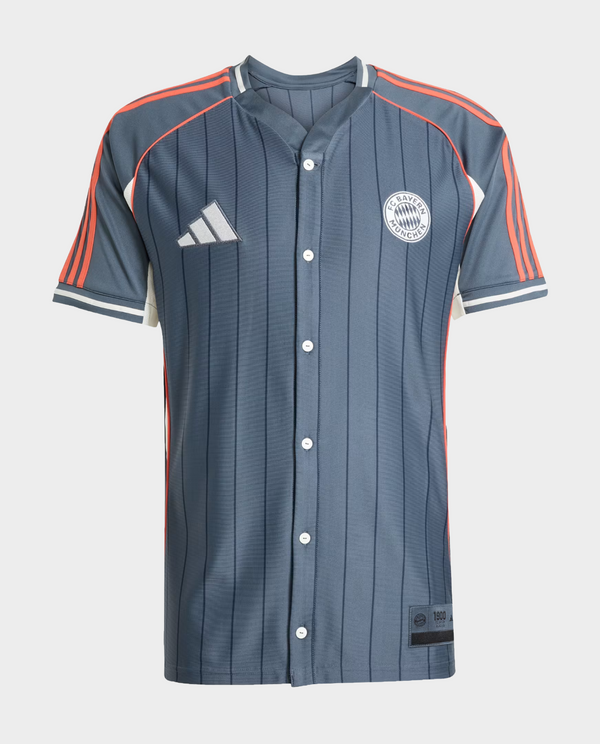 Striker Store Bayern Munich special edition shirt 2025 gray button front jersey with orange shoulder stripes and club crest