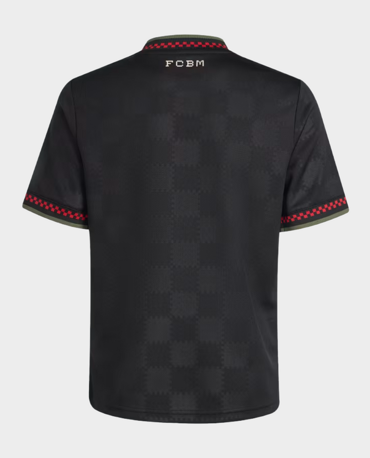 Striker Store black Bayern Munich third jersey 2025-26 back view with subtle checker pattern red check trim and FCBM neck print