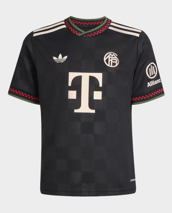 Striker Store Bayern Munich third jersey 2025-26 black short sleeve with cream logos and red green trim