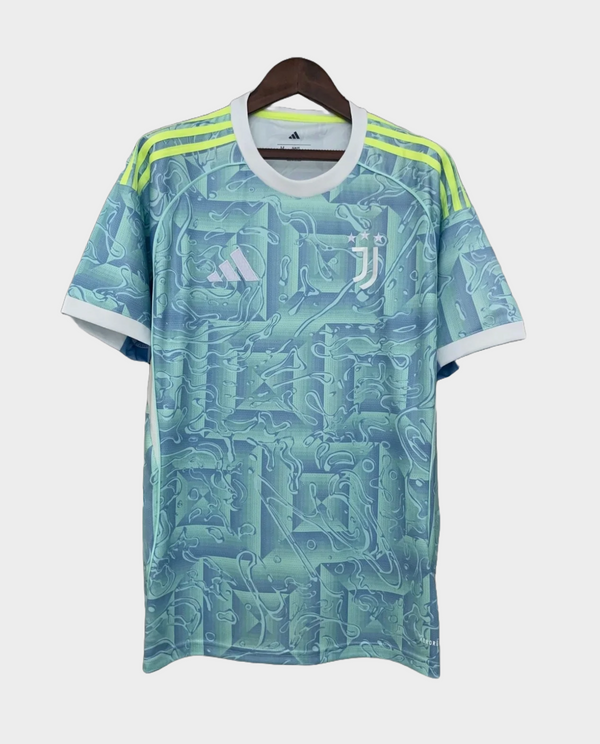 Juventus away jersey 25-26 with light blue geometric pattern and neon yellow stripes from Striker Store