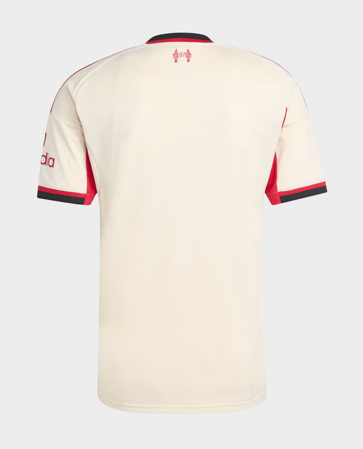 Liverpool Away Jersey 2025-26 cream back view with red sleeve accents and black collar detail from Striker Store
