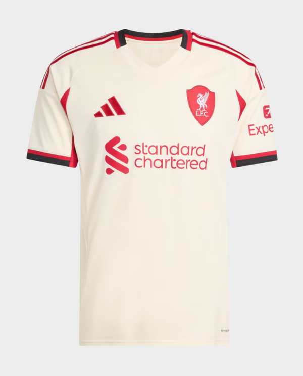 Striker Store Liverpool Away Jersey 2025-26 cream kit with red trim and Standard Chartered sponsor logo