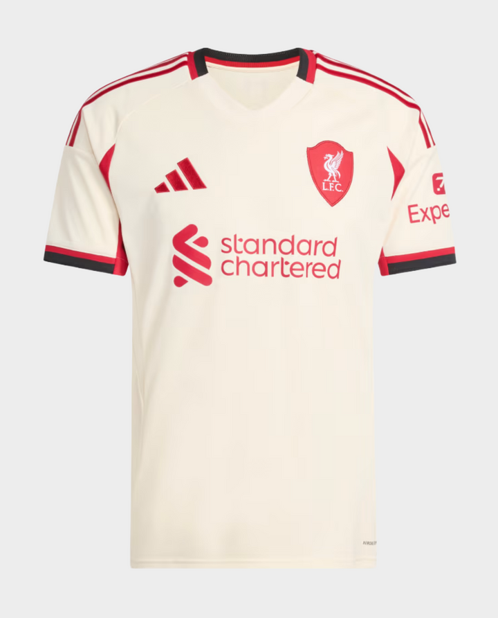 Striker Store Liverpool Away Jersey 2025-26 cream kit with red trim and Standard Chartered sponsor logo