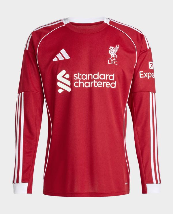 Striker Store Liverpool home jersey 2025-26 full sleeves red long sleeve football shirt with white logos