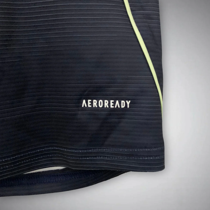 Close-up of Striker Store Real Madrid away jersey 2025 26 black fabric with Aeroready technology text