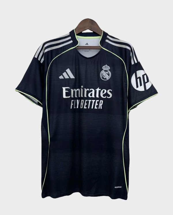 Real Madrid away jersey 2025 26 in black with white Adidas and Emirates Fly Better logos