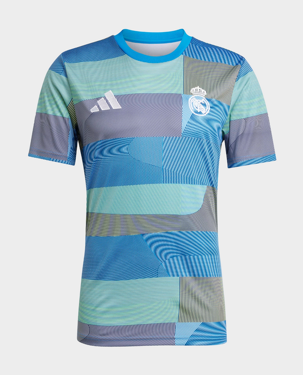 Striker Store Real Madrid pre match jersey 2025 with blue and green patchwork design