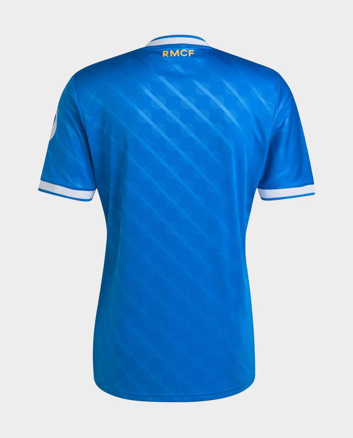 Back view of blue Real Madrid Third Jersey 2025-26 with diagonal pattern white sleeve trim RMCF at neck from Striker Store
