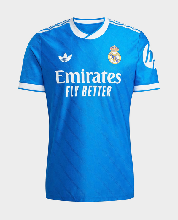 Real Madrid Third Jersey 2025-26 blue short sleeve soccer jersey with club crest and Emirates Fly Better logo