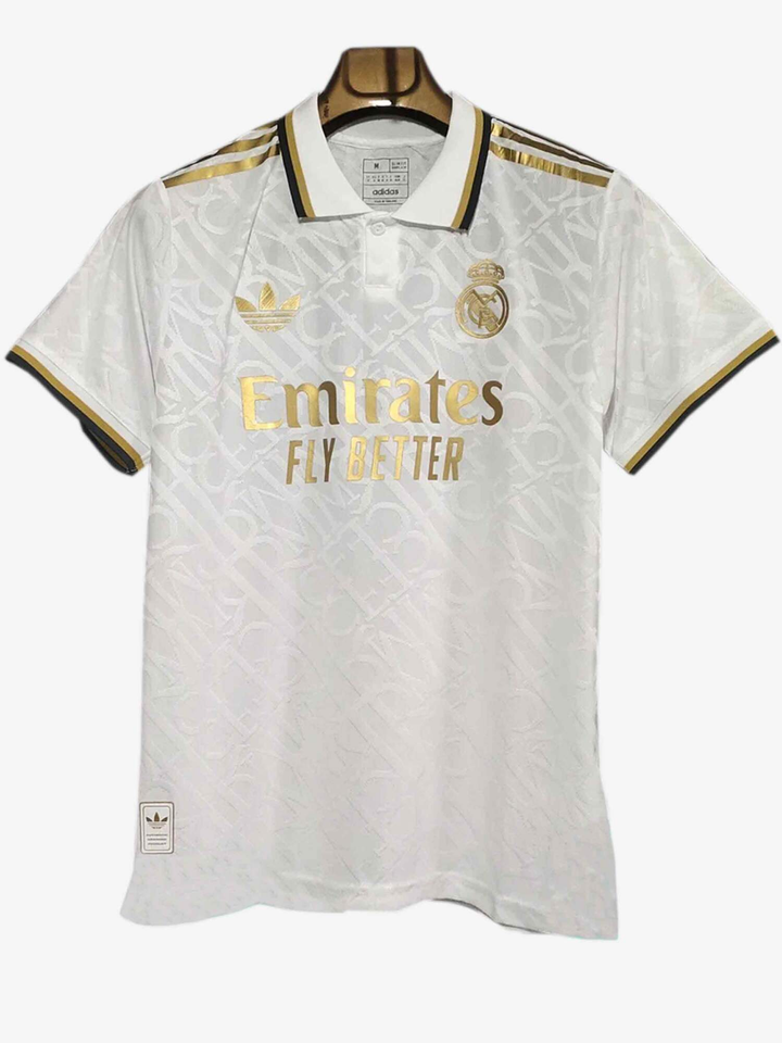 Real Madrid white gold jersey 2024-25 with Emirates Fly Better logo and gold accents from Striker Store