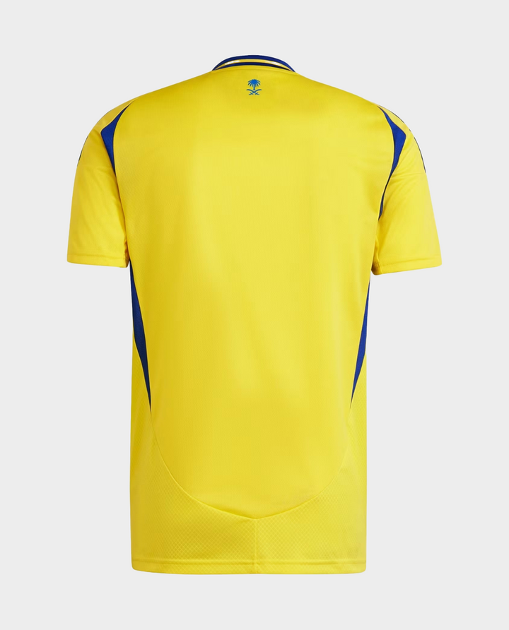 Back view of Al Nassr player version jersey 2024 in yellow with blue accents from Striker Store