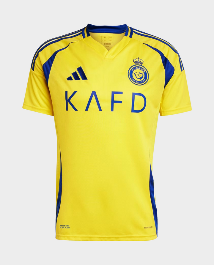 Al Nassr player version jersey 2024 in yellow and blue with team logo and adidas branding