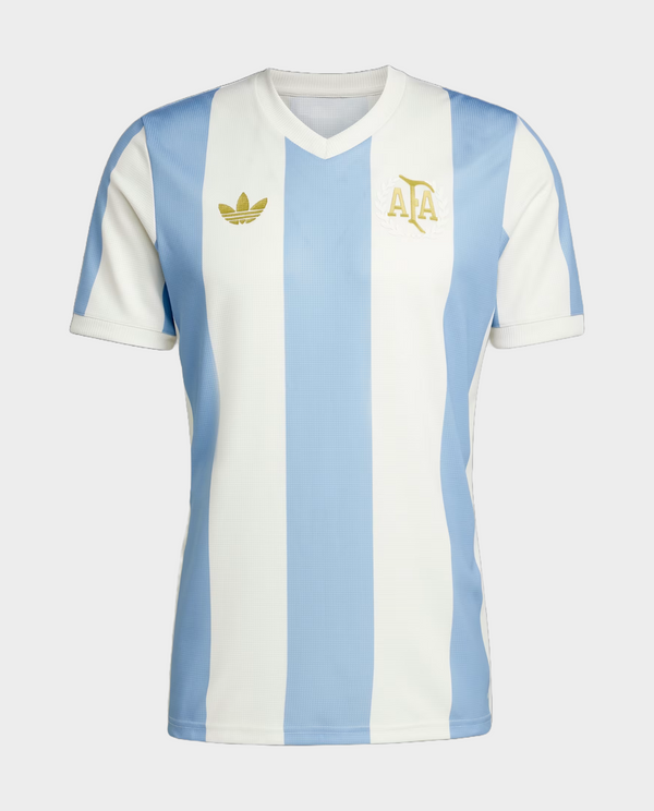 Argentina anniversary jersey featuring classic blue and white stripes with gold detailing