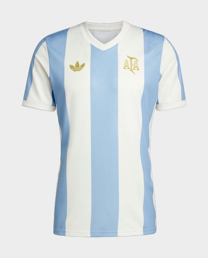 Argentina anniversary jersey featuring classic blue and white stripes with gold detailing