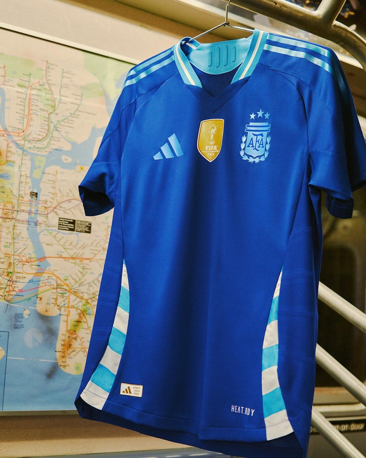 Argentina away jersey 2024 in blue with FIFA badge and Adidas logo for football fans