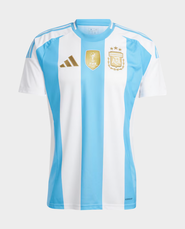 Argentina football jersey 2024 featuring blue and white stripes with FIFA logo and AFA badge