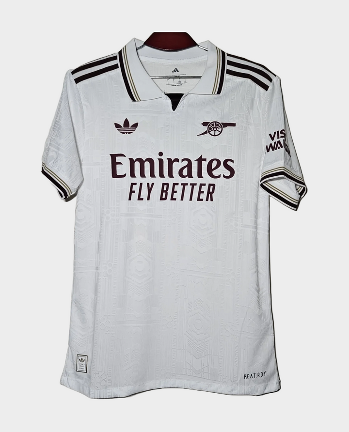 Striker Store Arsenal 2025 26 third jersey white football shirt with black accents and Emirates Fly Better logo