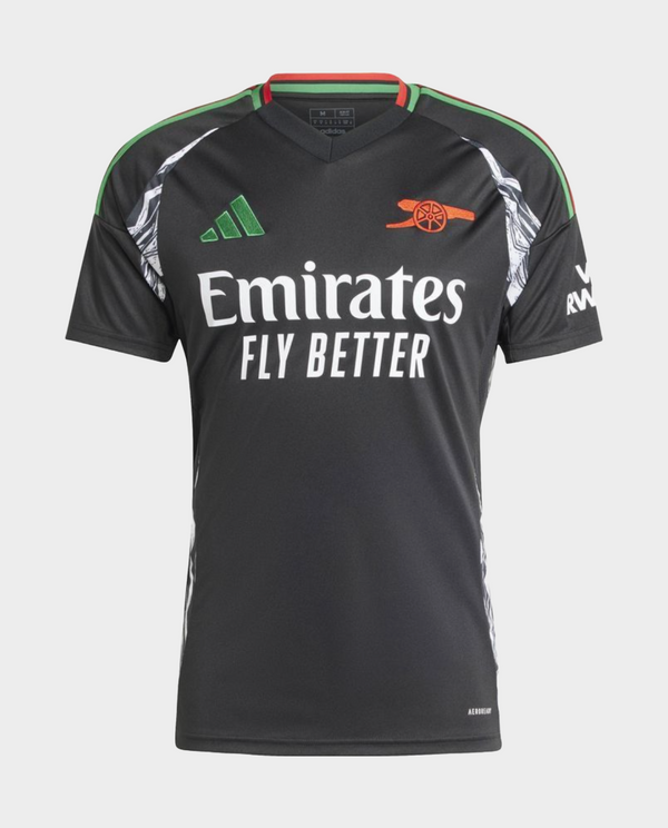 Arsenal away jersey 2024-25 in black with green accents and Emirates logo for fans and players