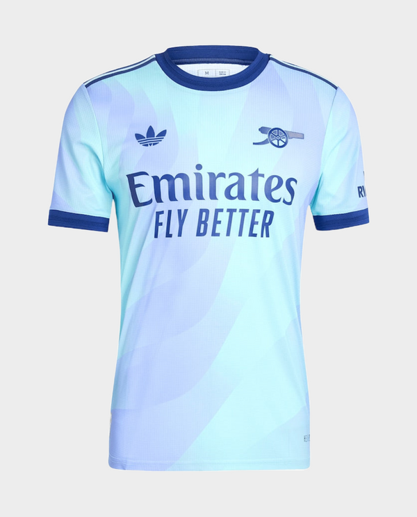 Arsenal Third Jersey 2024 in light blue with Emirates Fly Better branding and adidas logo
