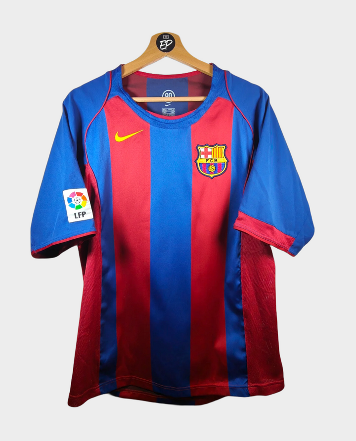Barcelona 2004-05 retro jersey featuring classic blue and red stripes with Nike logo