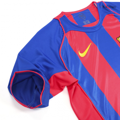Barcelona 2004-05 retro jersey featuring classic red and blue stripes with Nike logo