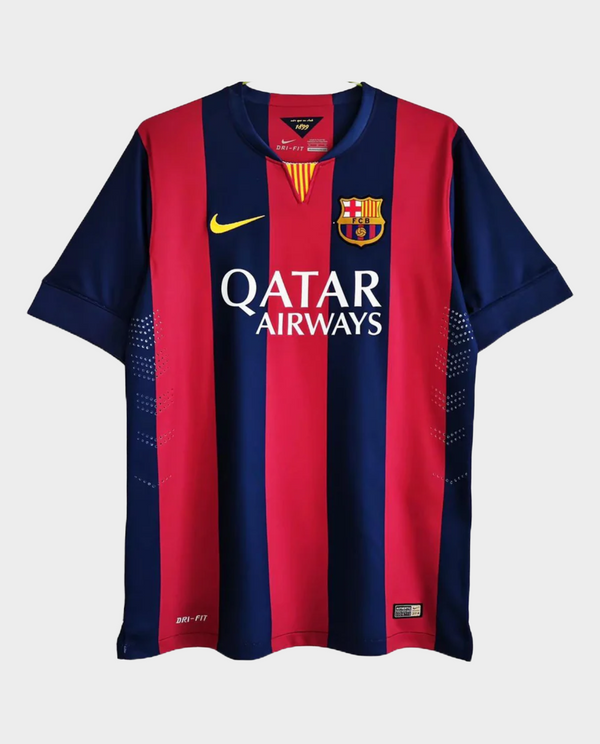 Barcelona 2014-15 home jersey by Striker Store with iconic red and blue stripes and Qatar Airways logo