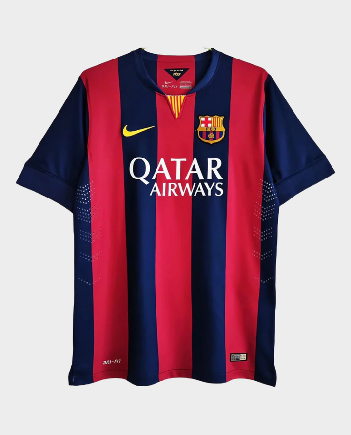 Barcelona 2014-15 home jersey by Striker Store with iconic red and blue stripes and Qatar Airways logo
