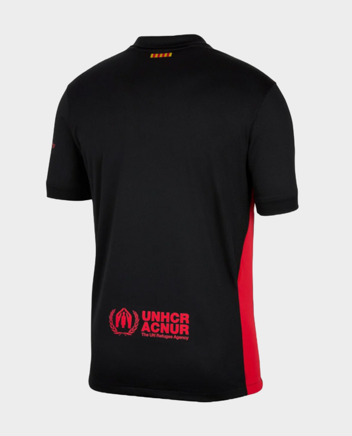 Striker Store Barcelona Away Jersey 2024-25 in black and red with UNHCR logo on the back