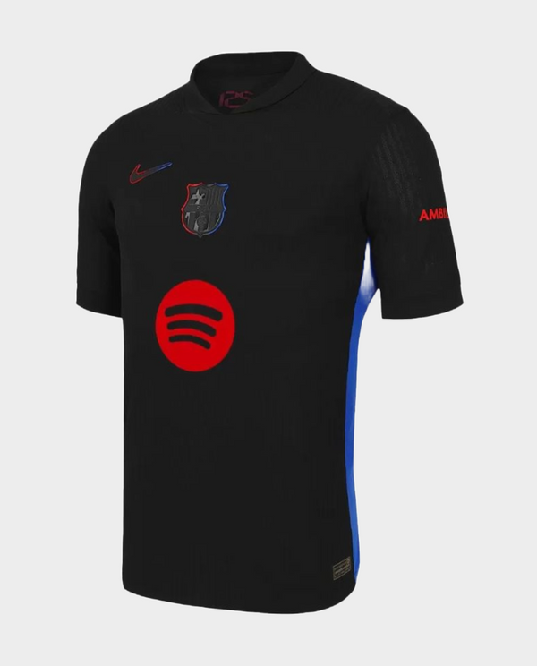 Barcelona Away Jersey 2024-25 featuring black design with blue accents and sponsor logos