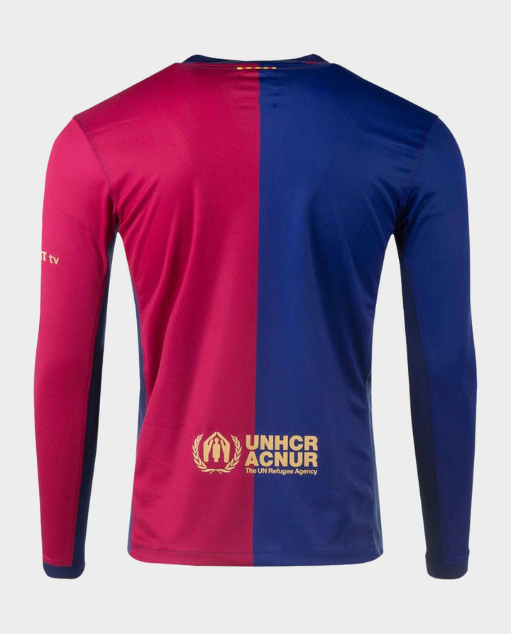 Barcelona full sleeve jersey 2024 featuring a split design in red and blue with UNHCR logo