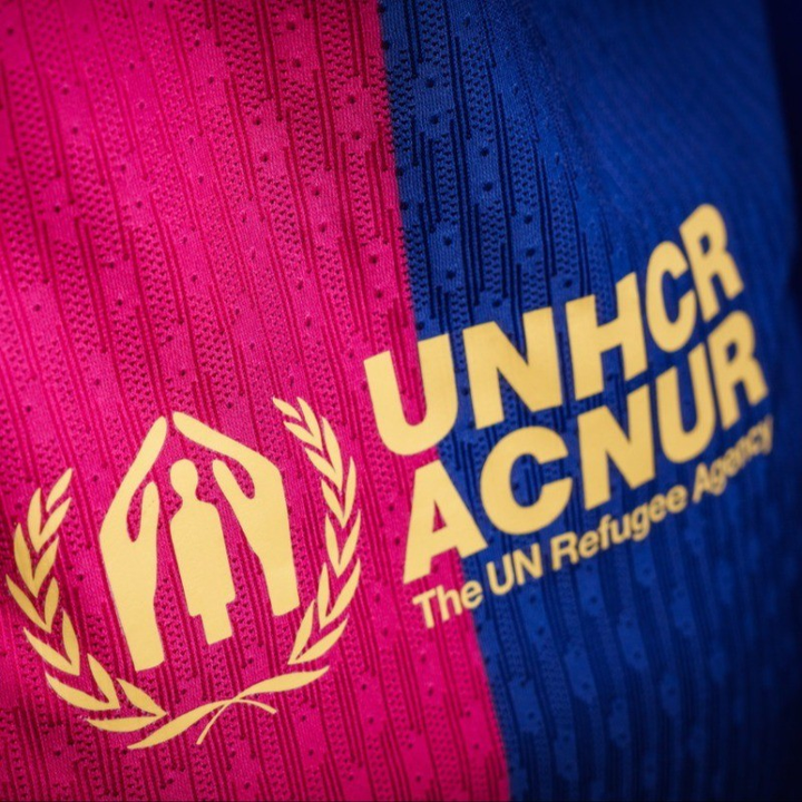 Barcelona Home Jersey 2024 featuring vibrant colors and UNHCR logo for support and awareness
