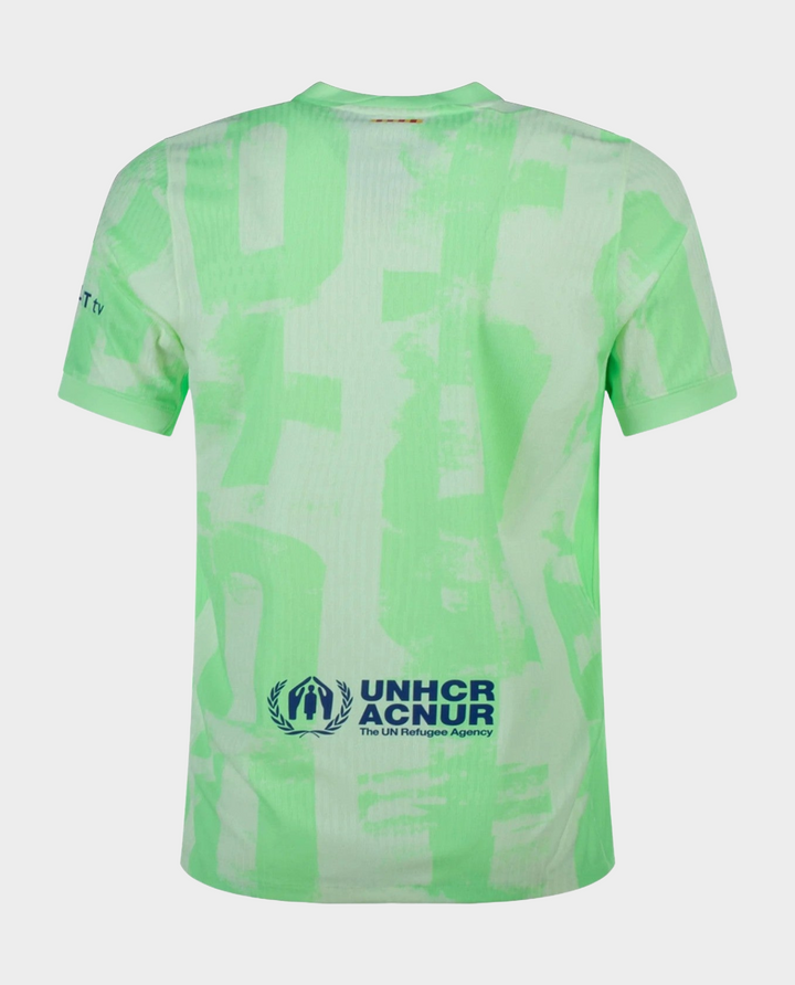 Barcelona third jersey 2024 in bright green with a modern design and UNHCR logo on the back