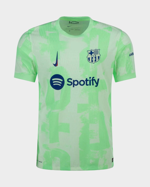 Barcelona third jersey 2024 in neon green with Spotify logo and modern design features