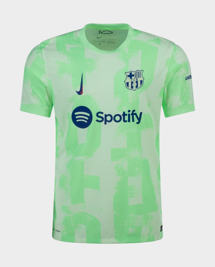 Barcelona third jersey 2024 in neon green with Spotify logo and modern design features