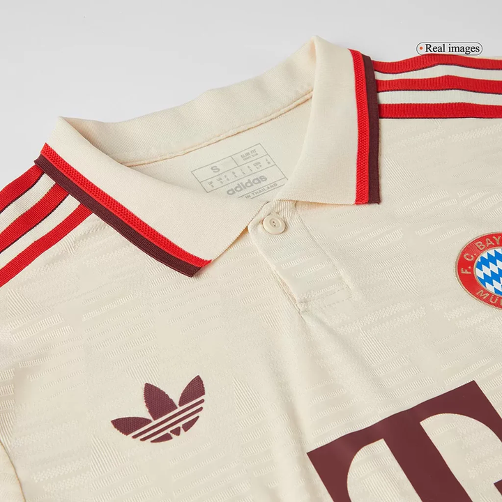 Bayern Munich 2024-25 third jersey featuring a cream color with red accents and the Adidas logo