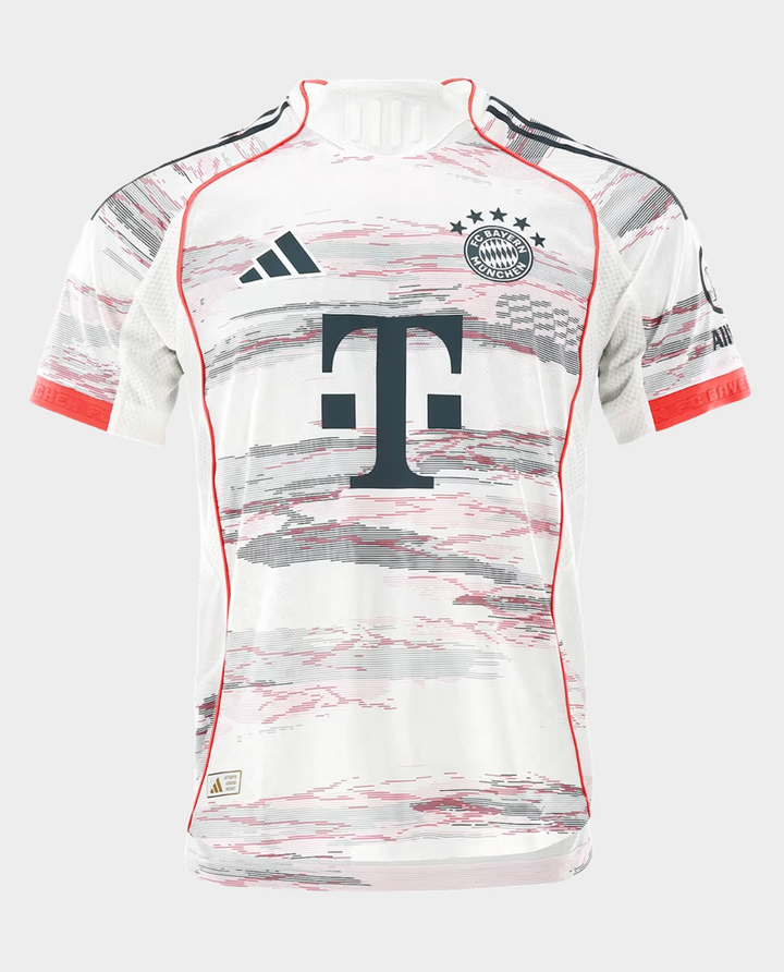 Bayern Munich 2025-26 away jersey player featuring a unique design and team logo
