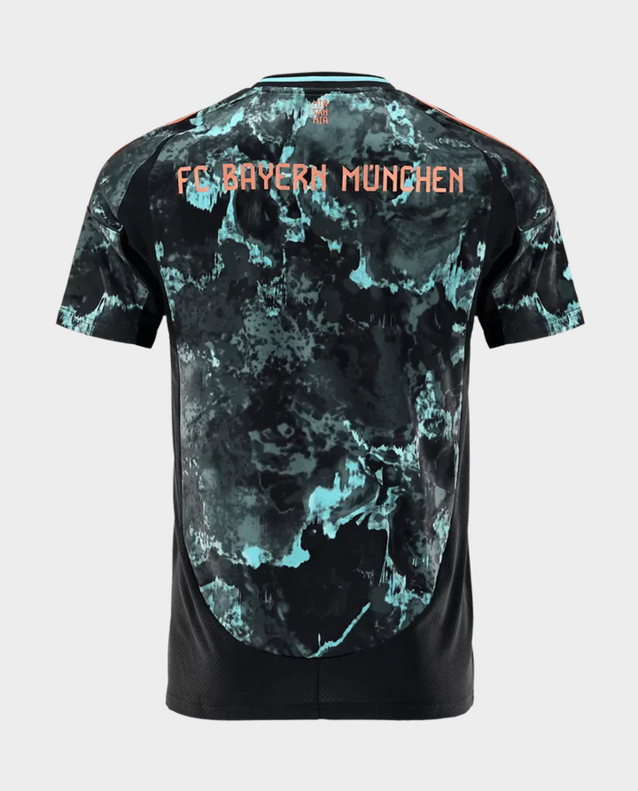 Bayern Munich away jersey 2024 featuring a unique black and teal design with FC Bayern Munchen text