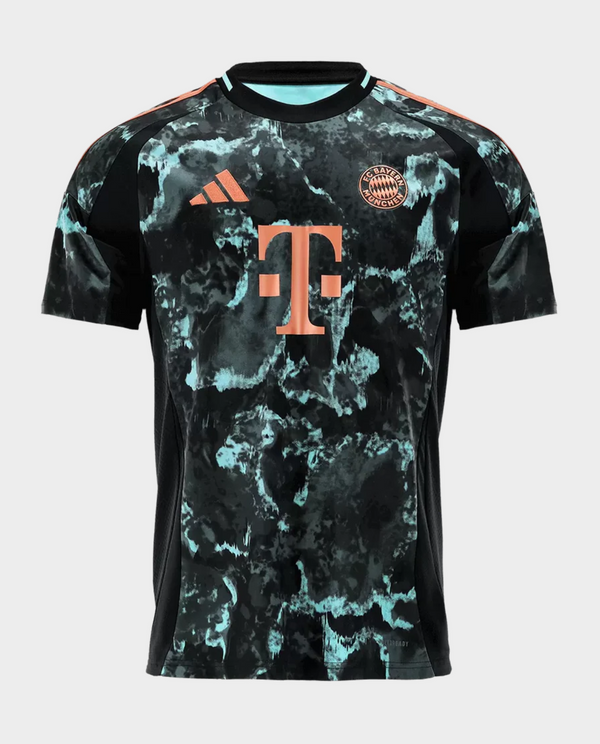 Bayern Munich away jersey 2024 featuring a unique black and teal design with club logo