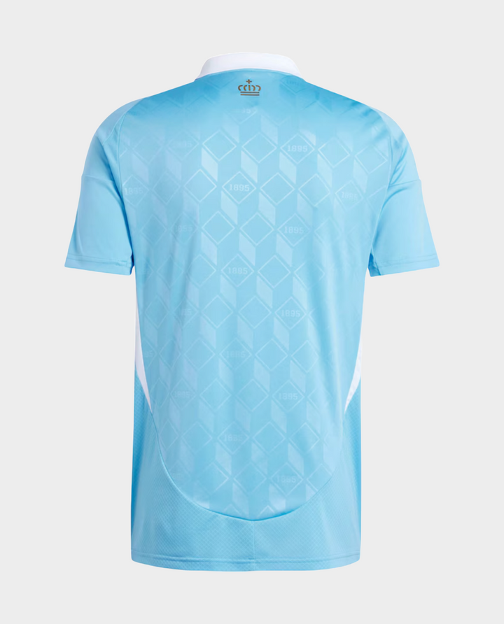 Belgium away jersey 2024 featuring a sleek blue design with geometric patterns on the back