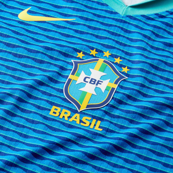Brazil away jersey 2024-25 featuring a blue design and CBF logo for soccer fans