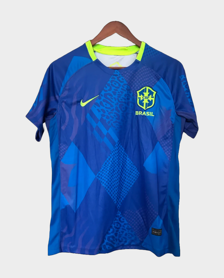 Brazil away jersey 2025-26 in blue with vibrant patterns and Nike logo for fans and players