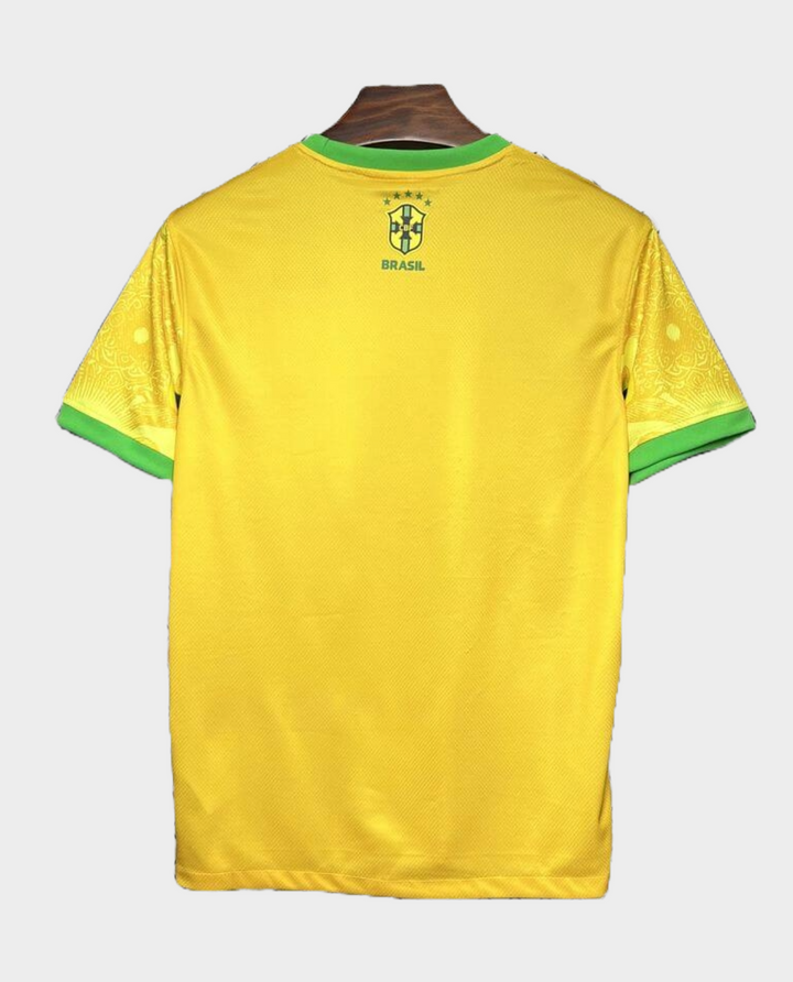 Back view of Brazil Christ the Redeemer Jersey 2025 in yellow with green trim from Striker Store