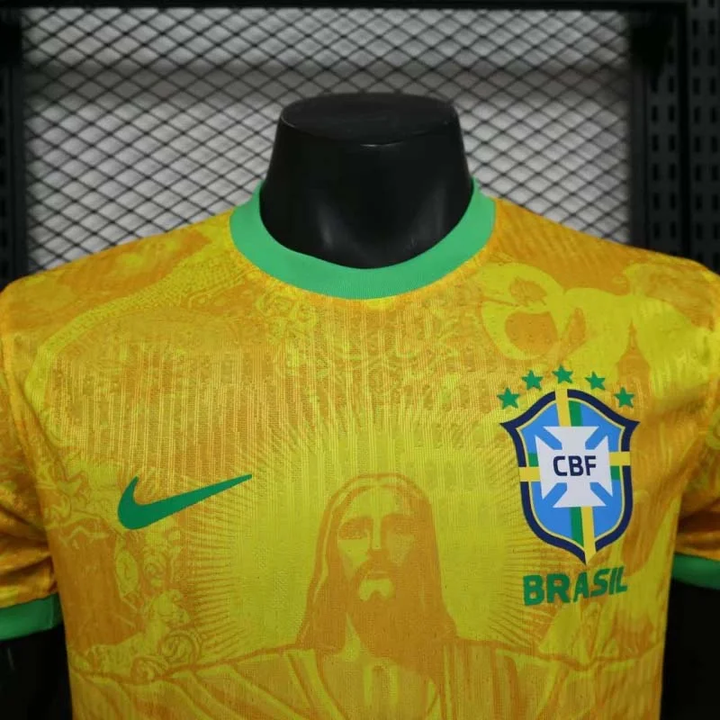 Brazil Christ the Redeemer Jersey 2025 by Striker Store featuring green collar and Nike logo