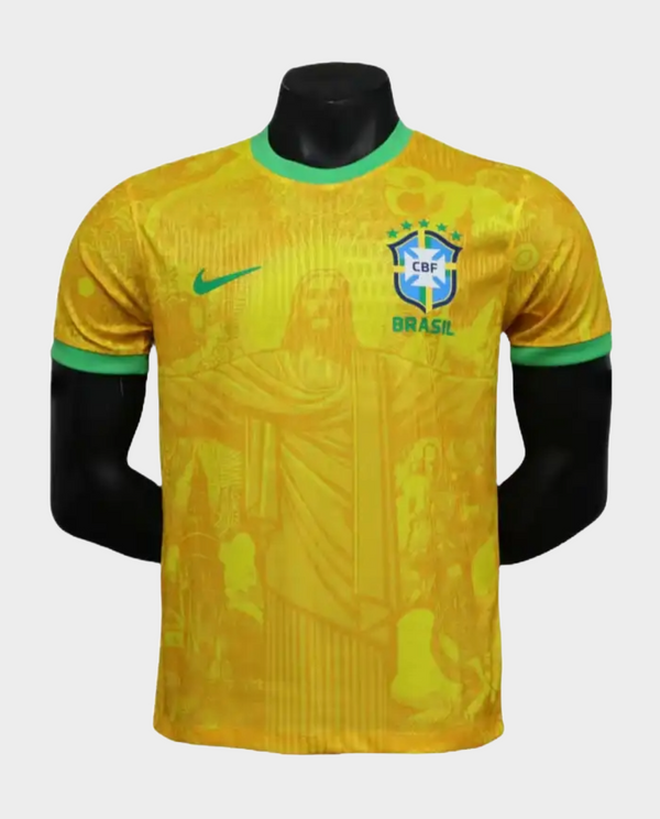 Brazil Christ the Redeemer Jersey 2025 by Striker Store with green collar and yellow design