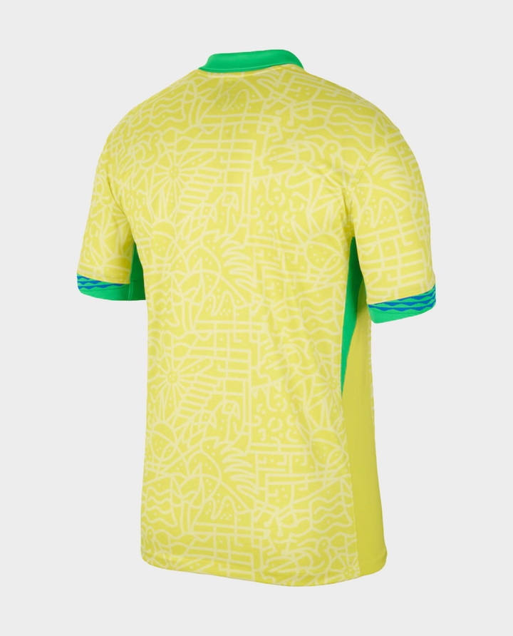 Back view of Brazil football jersey 2024 in vibrant yellow with intricate design and green accents
