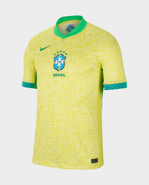 Brazil football jersey 2024 in yellow with unique design and green accents by Striker Store