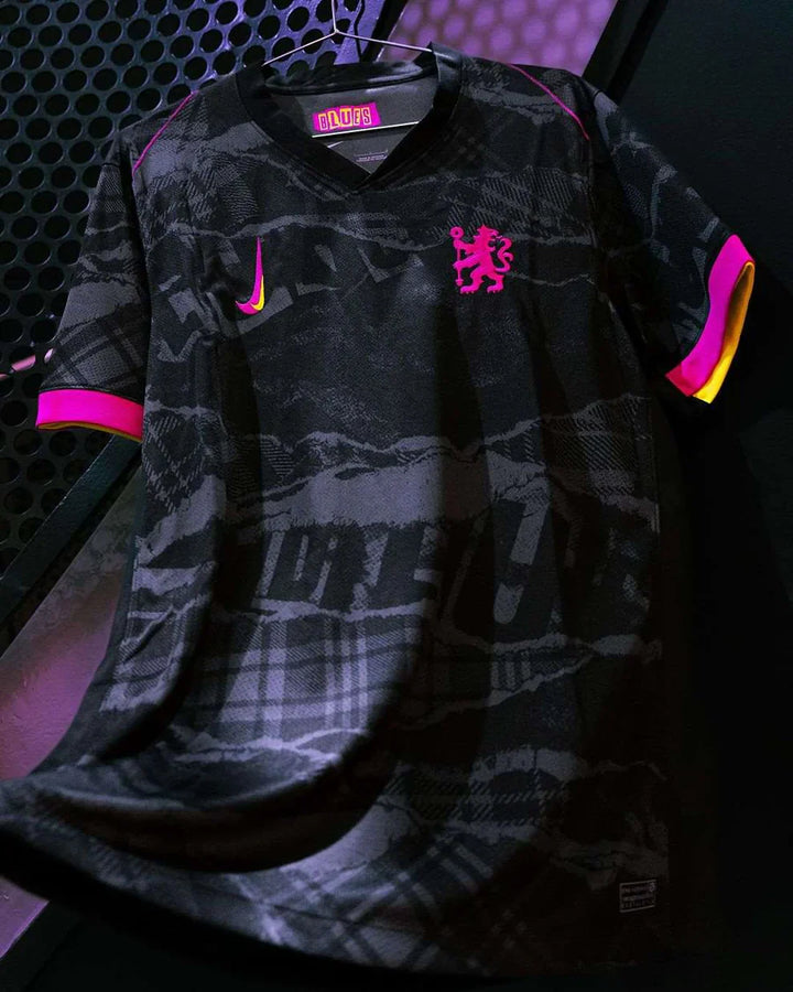 Chelsea 2024 Third Jersey Player Version in Black with Pink and Yellow Accents, featuring club logo